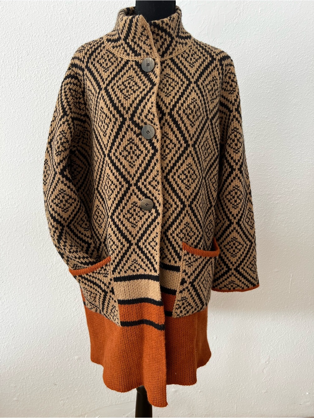 Gió Gió Made In Italy Wool Blend Coatigan Long Cardigan Geometric Indie Boho M/L